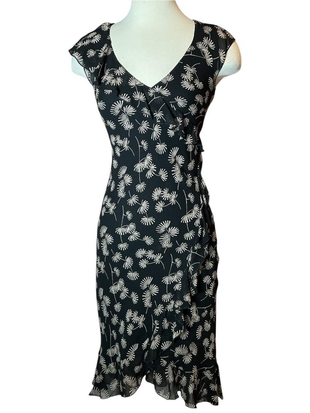 Vintage Y2K The Limited Silk Fan Palm Print Ruffle Asymmetrical Midi Dress